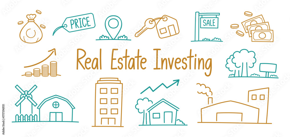 Obraz premium cute and simple hand drawn doodle style graphic element vector set in real estate investing concept