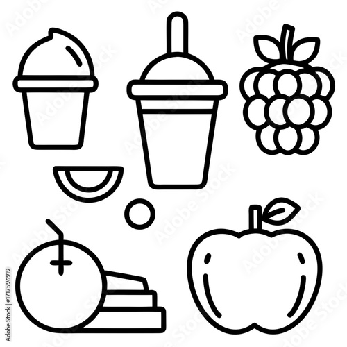 A vibrant vector icon set of natural food and drink features fresh, ripe fruits like apples and strawberries, and healthy vegetables such as tomatoes, designed as a symbol of diet and nature