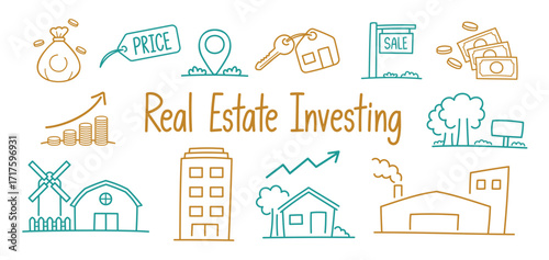 cute and simple hand drawn doodle style graphic element vector set in real estate investing concept