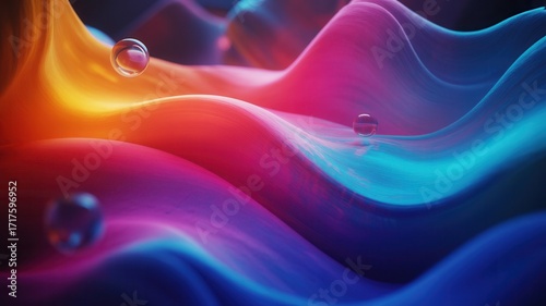 Abstract flowing waves of vibrant neon pink orange and blue light with glowing ethereal smoke and bokeh effects