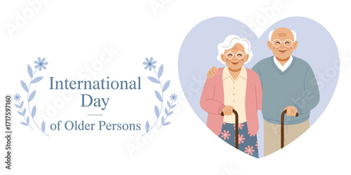  International Day of Older Persons illustration with smiling elderly pair, heart-shaped frame, floral accents, and walking canes for October 1