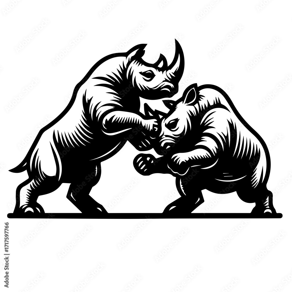 Fototapeta premium Two rhinos clashing horns in a fierce battle of strength and dominance in a black and white illustration