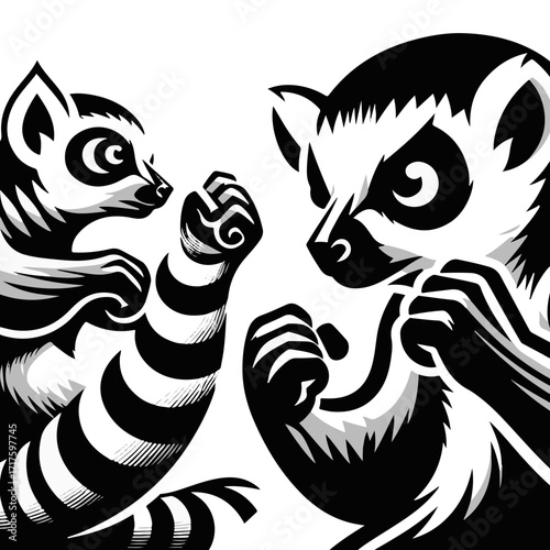 Two stylized lemurs facing each other with raised fists in a black and white illustration style