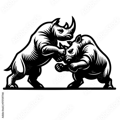 Two rhinos clashing horns in a fierce battle of strength and dominance in a black and white illustration