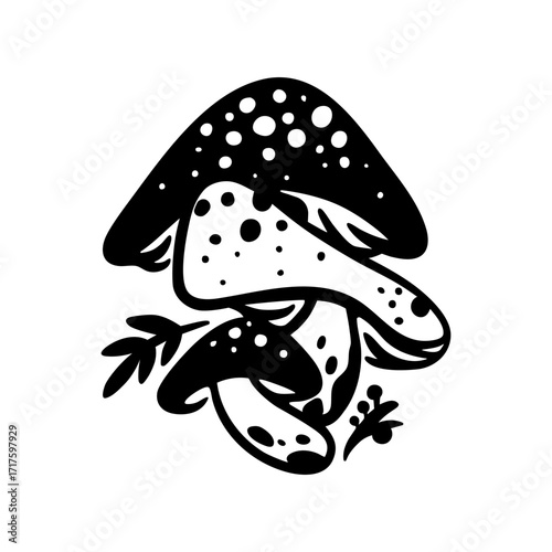 Woodland mushroom. Amanita mushroom. Fungus black and white illustration.
