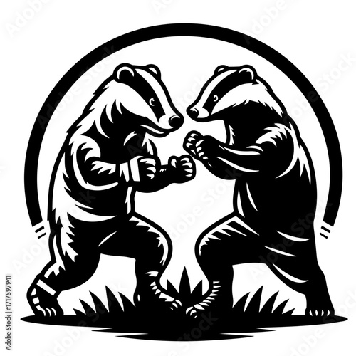 Two monochrome badgers facing each other in a boxing stance within a circular frame on grass patch
