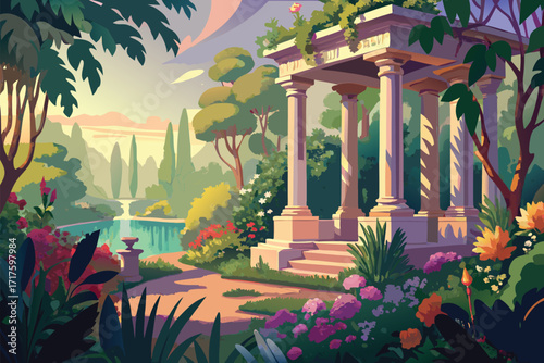 Beautiful Classic Gazebo Surrounded by Lush Garden and Pond View Scenery