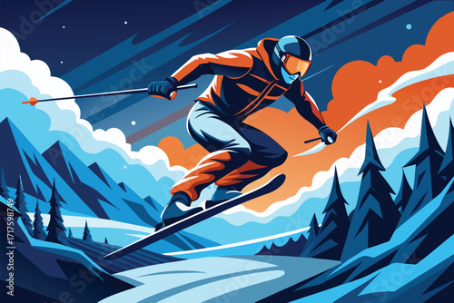 A fearless skier charges down a snow-covered slope, speeding through blue and orange skies amid pine forests. Ideal for sports, adventure, winter, and outdoor activity visuals.