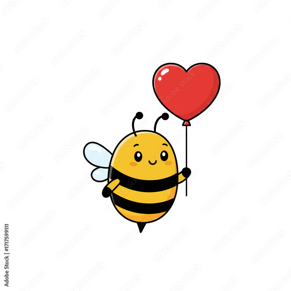 Fototapeta premium Sweet cartoon bee with a heart balloon for Valentine's Day, adorable insect character bringing love and joy for kids' designs and cute illustrations