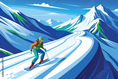 A bold alpine scene shows a lone skier carving a winding trail among stylized blue peaks under a clear sky, conveying adventure, focus, and athletic pursuit in extreme terrain.