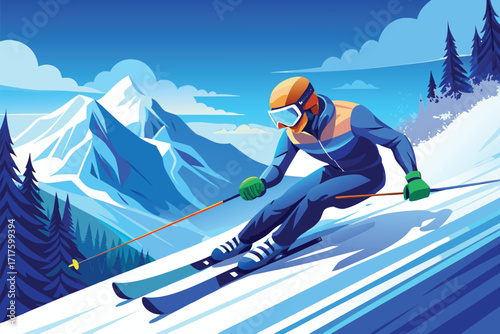 Dynamic Mountain Skiing Adventure: Fast Snow Slalom With Bright Gear Under Clear Blue Sky