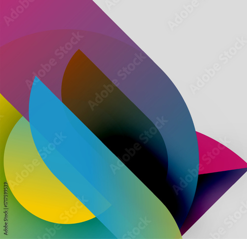 Abstract composition. Overlapping colorful shapes create dynamic visual effect. Gradients, curves, angles define modern design.