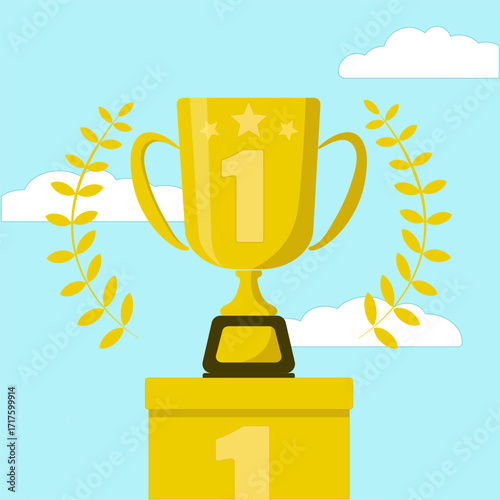Winner's cup, prize with the number 1 on the podium, against the background of the sky and clouds