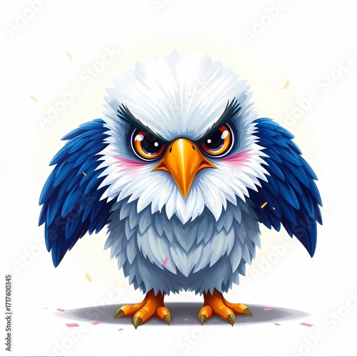 A cartoon eagle with white head and blue wings standing on a white background
