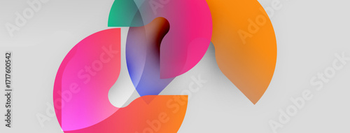 Abstract colorful shapes overlap, creating vibrant gradients. Soft hues blend, forming dynamic composition. Minimalist design, modern aesthetic.