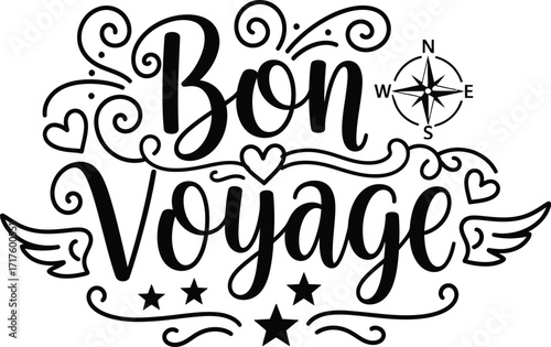 Bon Voyage Text with Hearts, Stars, Wings, Compass in Black on Transparent Design
