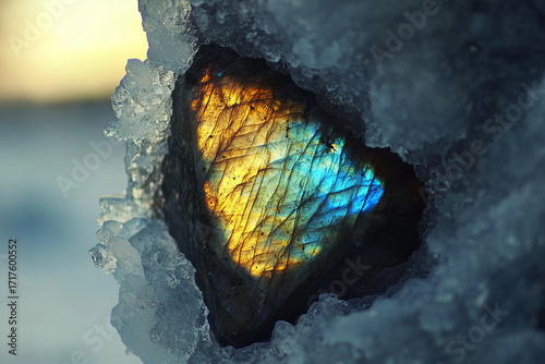 Close up of labradorite gemstone embedded in ice, showcasing iridescent blue, gold, and green hues with textured surface and natural cracks, creating captivating and mystical appearance