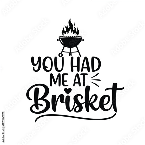 Brisket Typography on Barbecue Grill with Flames Isolated on White Background