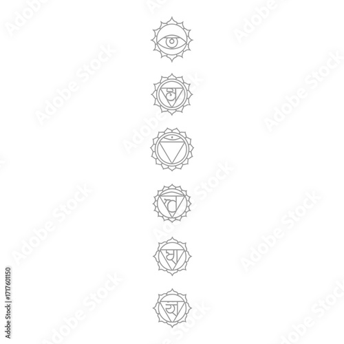 Minimal chakra icons set for meditation, energy centers, yoga branding, holistic healing, spiritual design, clarity and grounding