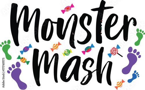 Fun monster mash halloween t-shirt design with candy and footprints