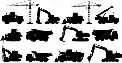 Silhouette of Construction Vehicles and Equipment Fleet