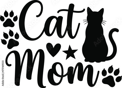 Cat Mom Silhouette with Paw Prints Heart and Star isolated on transparent background