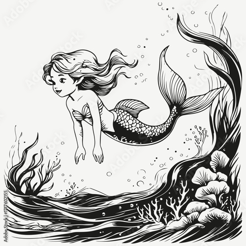 merchild girl swims in the sea sketch illustration vector