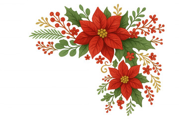 Christmas poinsettia flower and berry border creating a festive watercolor decoration on transparent background