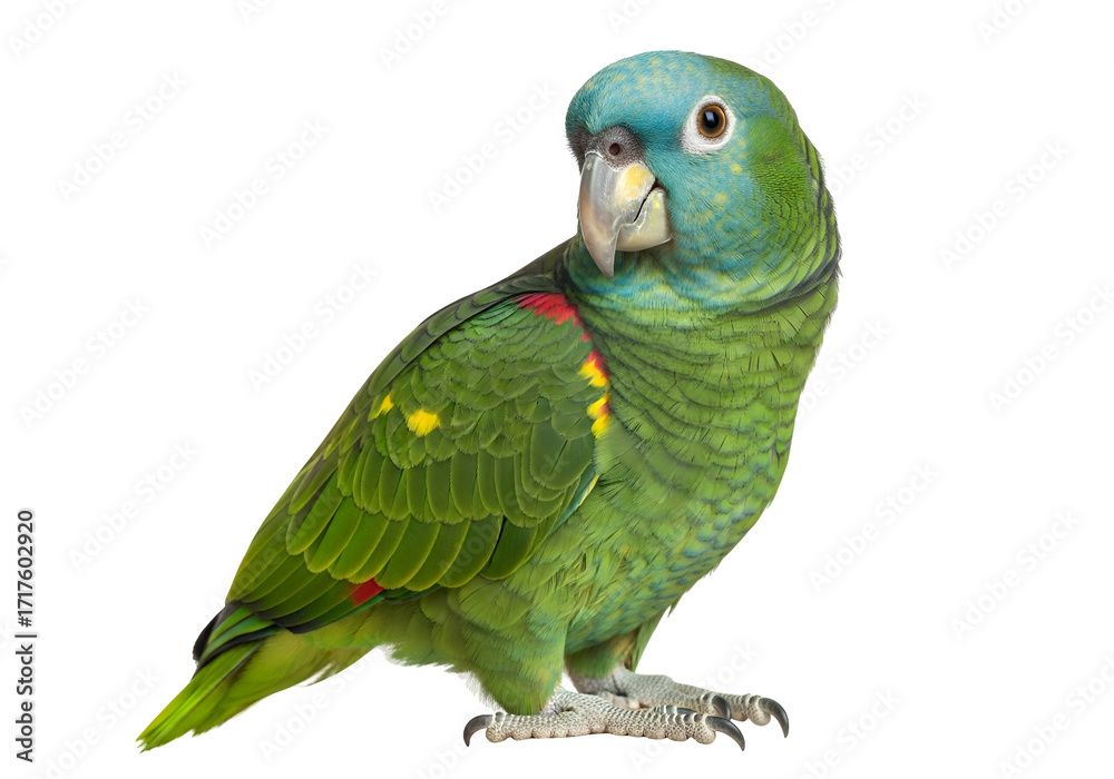 Obraz premium A vibrant parrot, showcasing a rich array of green, blue, and red plumage, set against a stark black backdrop.