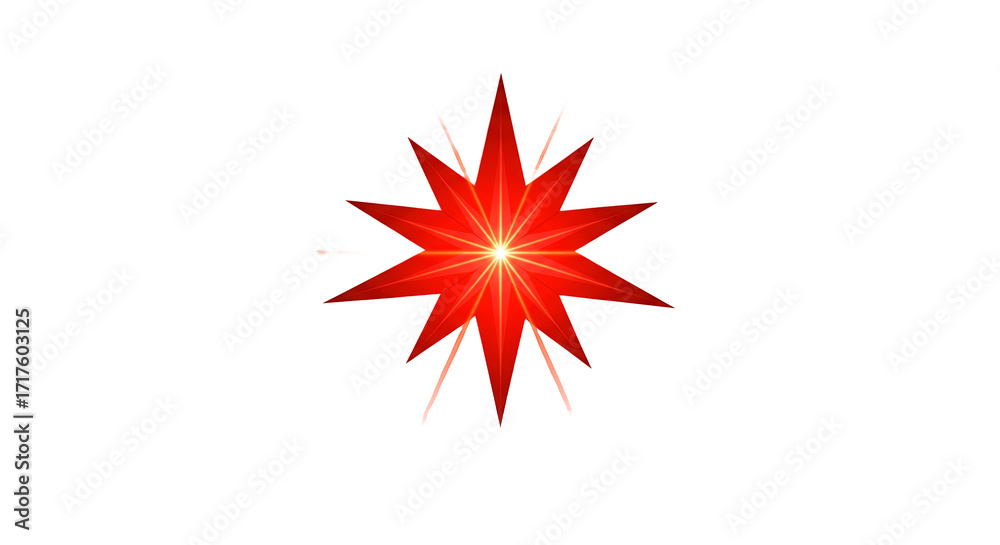 Fototapeta premium Red glowing starburst, festive holiday design element, abstract light effect, bright sparkle, geometric shape, shining star, digital art, graphic design, celebration, xmas, winter, new year, back