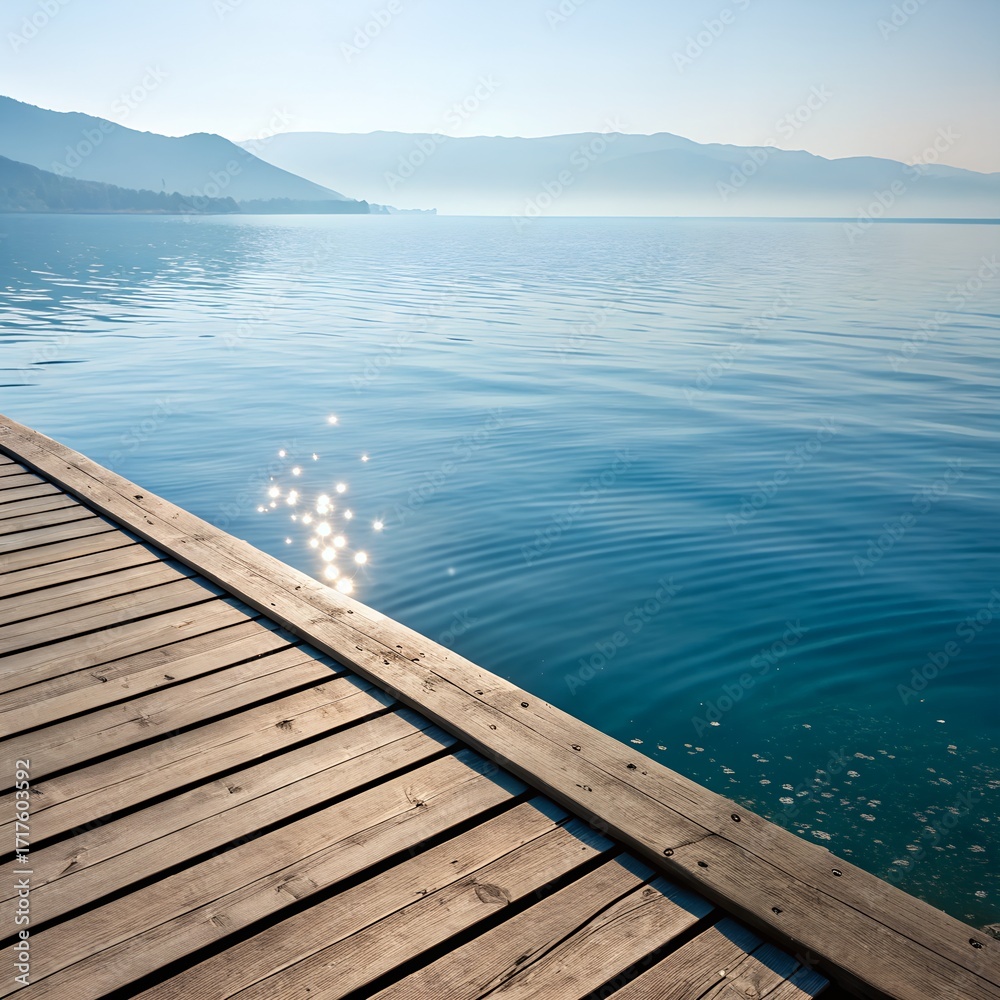 Obraz premium A wooden dock extends over calm blue water, reflecting sunlight. Mountains are visible in the background under a clear sky.