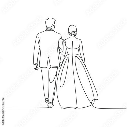 Minimalist line art of a bride and groom walking away