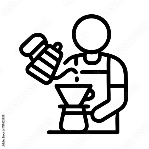 A minimalist line art icon depicting a person making pour-over coffee with a gooseneck kettle and dripper setup.