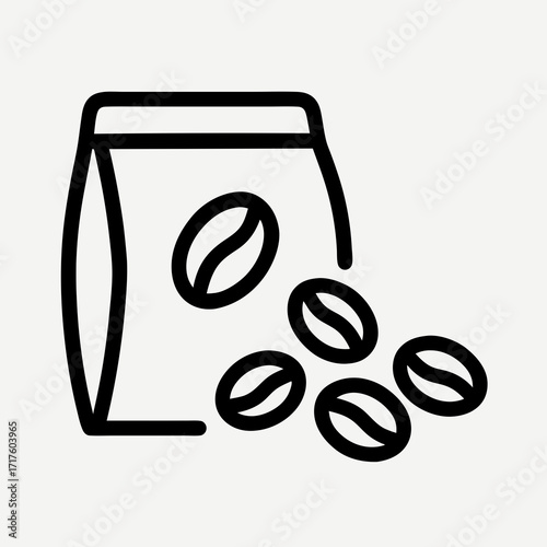 An outline illustration of a paper bag with coffee beans spilling out, representing fresh coffee.