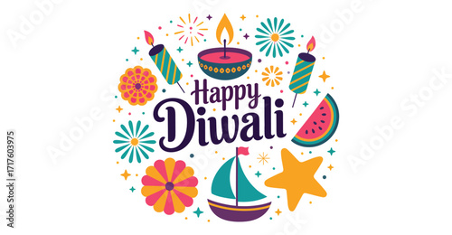 happy diwali festive illustration with diya, fireworks, floral motifs, and colorful decorations on vibrant background for joyful celebration