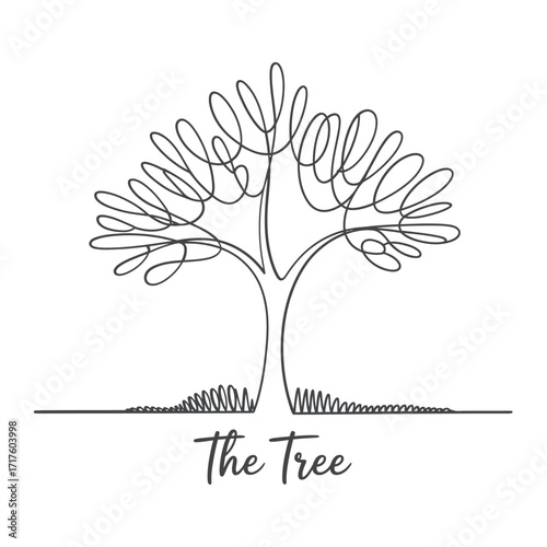 Elegant single line drawing of a majestic tree with text