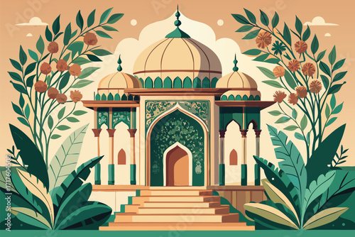 Detailed Mosque Facade Surrounded by Foliage with an Exotic Architectural Style