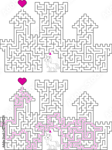 Help the unicorn to get out from huge castle. Difficult escape type labyrinth. Black and white fortress maze with high level of difficulty. Logic game for kids and parents