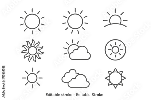 Sun icon set weather forecast collection. Simple line art symbols for sunny, partly cloudy, sunrise and sunset. Minimal vector outline signs for summer and light concepts.