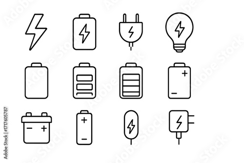 Energy icon set. Line icons for power, battery, charging, electricity. Vector symbols for lightbulb, plug, accumulator. Full and low battery level indicators for web and app.