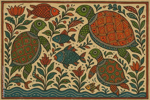 traditional pattachitra art of turtles and fish, cultural indian folk design, pattachitra art style