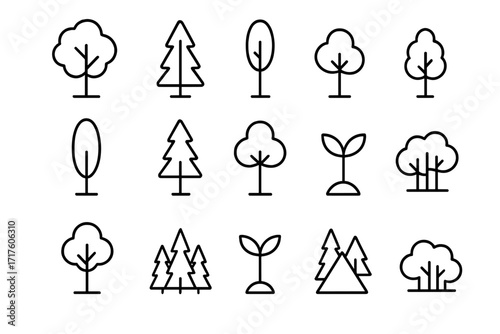 Tree and forest line icon set. Vector symbols for nature, ecology, and plants. Minimalist pictograms of pine, oak, and saplings with editable strokes for web and app design.