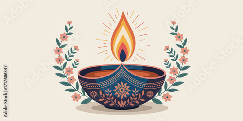  Stylized Diwali diya with layered flame, decorative blue-orange patterns, and symmetrical floral accents celebrating the Festival of Lights