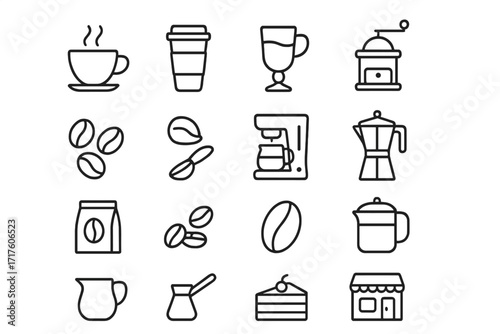 Coffee line icon set. Editable stroke pictogram bundle for cafe menu, app and web. Vector linear symbols of coffee cup, beans, machine, grinder, pot, moka, cezve, dessert.