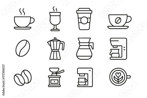 Coffee line icon set. Vector outline symbols for cafe menu. Includes coffee cup, maker, machine, grinder, beans. Minimal pictograms of espresso, latte, cappuccino. Editable stroke.