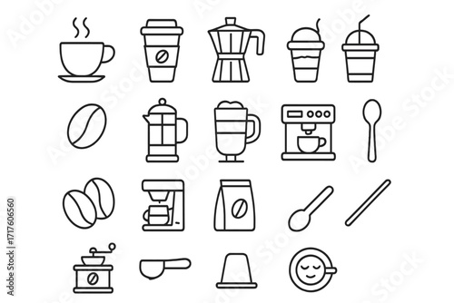Coffee line icon collection. Vector symbols for cafe menu, barista, web, and apps. Includes espresso machine, grinder, french press, moka pot, beans. Editable stroke pictogram set.