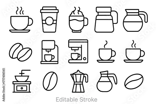Coffee line icon set. Editable stroke vector. Barista and cafe symbols. Espresso machine, moka pot, grinder, cup, coffee bean. Minimal outline pictogram for web and app design.