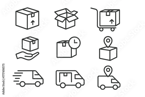 Delivery service line icon set. Logistics and shipping symbols. Fast delivery, order tracking, package. Van, truck, box, cart, location pin. Vector editable stroke icons.