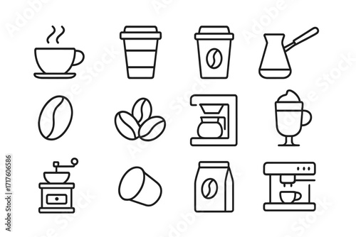 Coffee line icon set vector collection. Editable stroke linear pictograms for cafe menu, web, apps. Symbols for coffee maker, espresso, beans, cup, grinder, and pot.