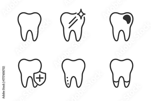 Tooth line icon set. Dental care concept. Editable stroke vector icons. Teeth collection for dentist, stomatology clinic. Oral hygiene, health, decay, caries, protection, clean.